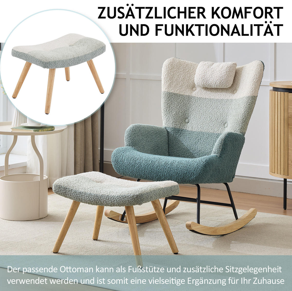 HOUPACÍ křeslo 83/65,5/95 cm vícebarevné z bouclé s taburetem a boční kapsou - různobarevná, textil (83/95/65.5cm) - OKWISH
