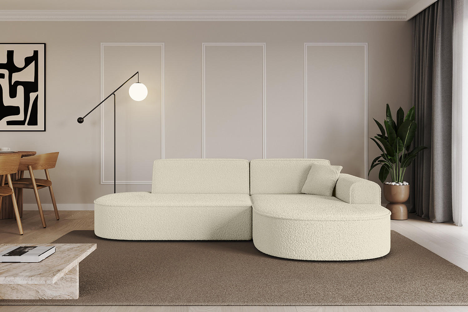 ECKSOFA Ottomane Rechts MARI-L1 - 232x163x73,5 cm Beige Bouclé - Beige/Schwarz, Holzwerkstoff/Kunststoff (234/163cm) - ALTDECOR