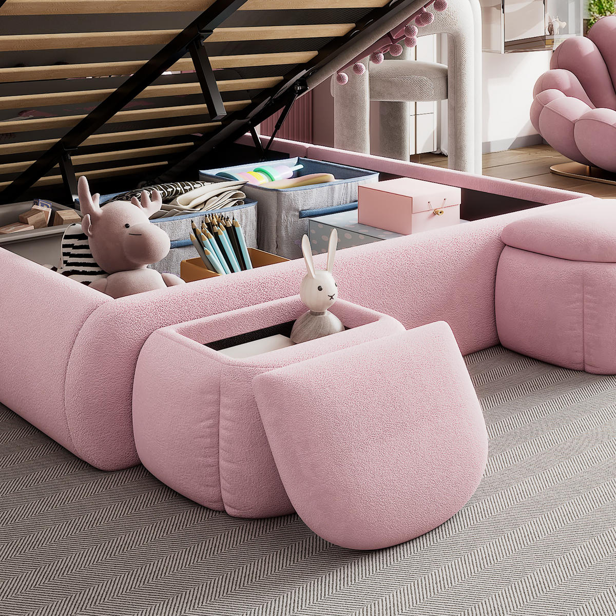 POLSTERBETT 140/200 cm rosa aus Samt mit LED-Hasenohren und Bettkasten - Rosa, Textil (140/200cm) - OKWISH