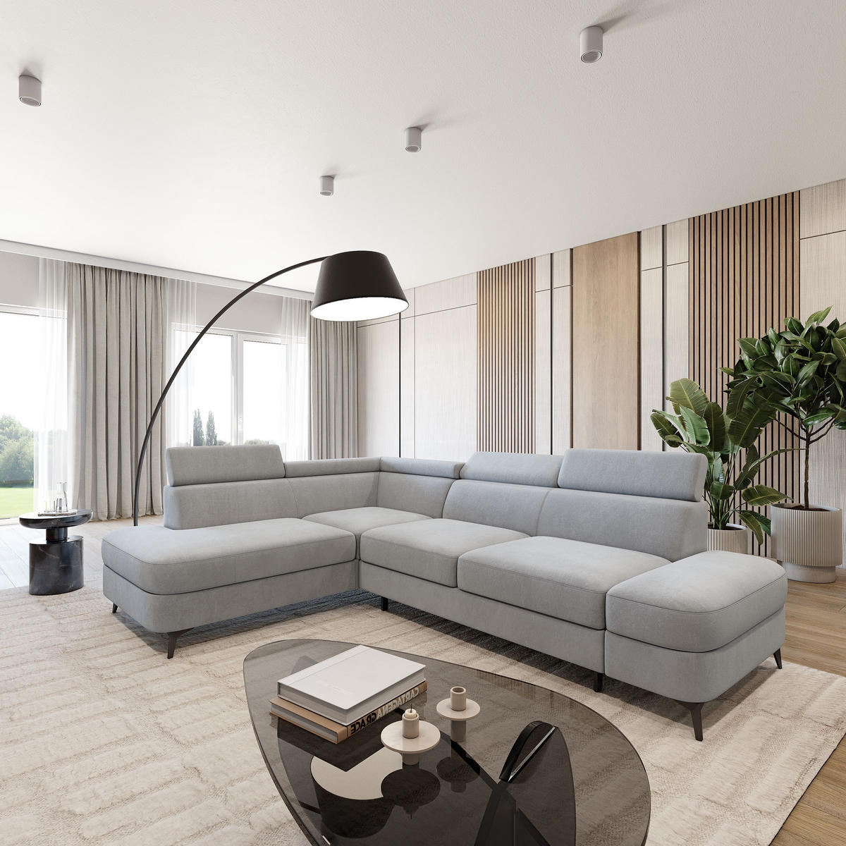 ECKSOFA AVISE MV L-S Hellgrau Velours-Stoff mit Schlaffunktion - Hellgrau, Holzwerkstoff/Textil (268/195cm) - MASSENO