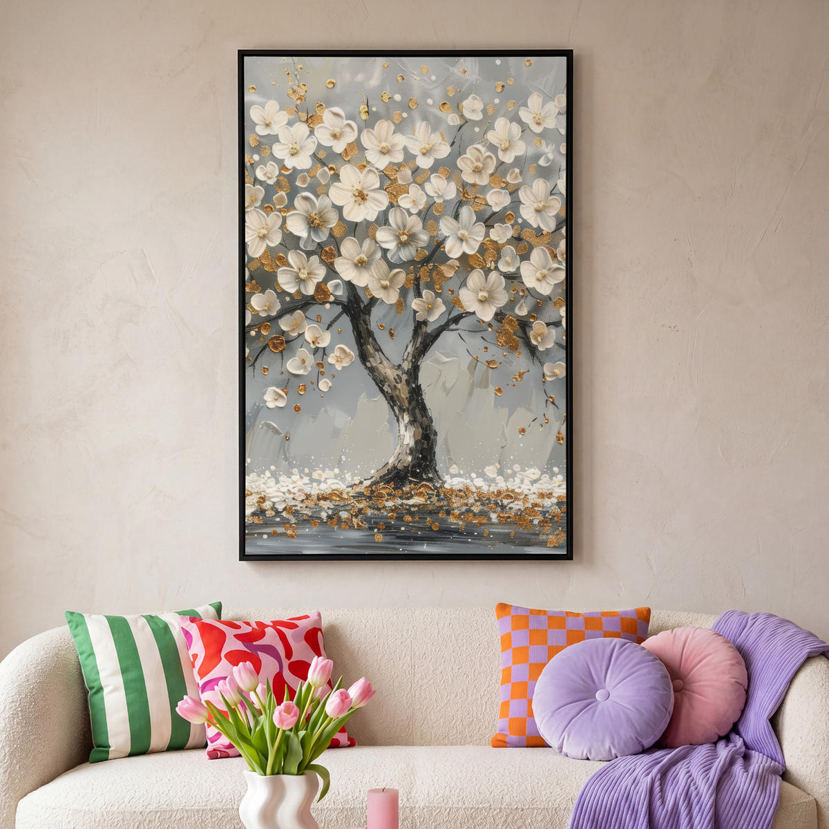 LEINWAND Bilder mit Rahmen - Baum - Blumen - Weiß - Natur - Kunst - 80x120 - Weiß, Textil (80/120cm) - MuchoWow