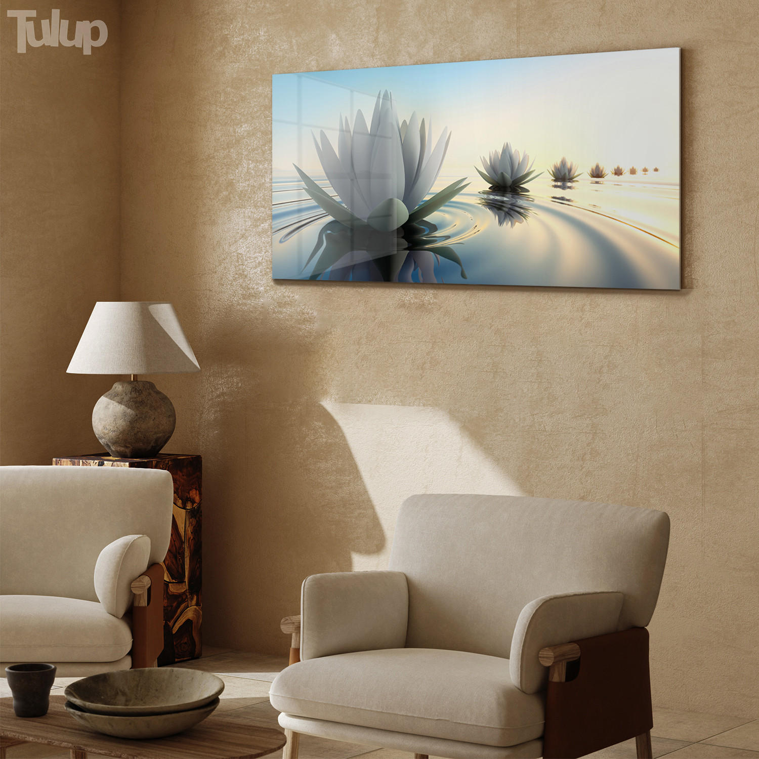 GLASBILD 120x60 cm Lotosblume - Sandfarben/Hellblau, Glas (120/60cm) - TULUP