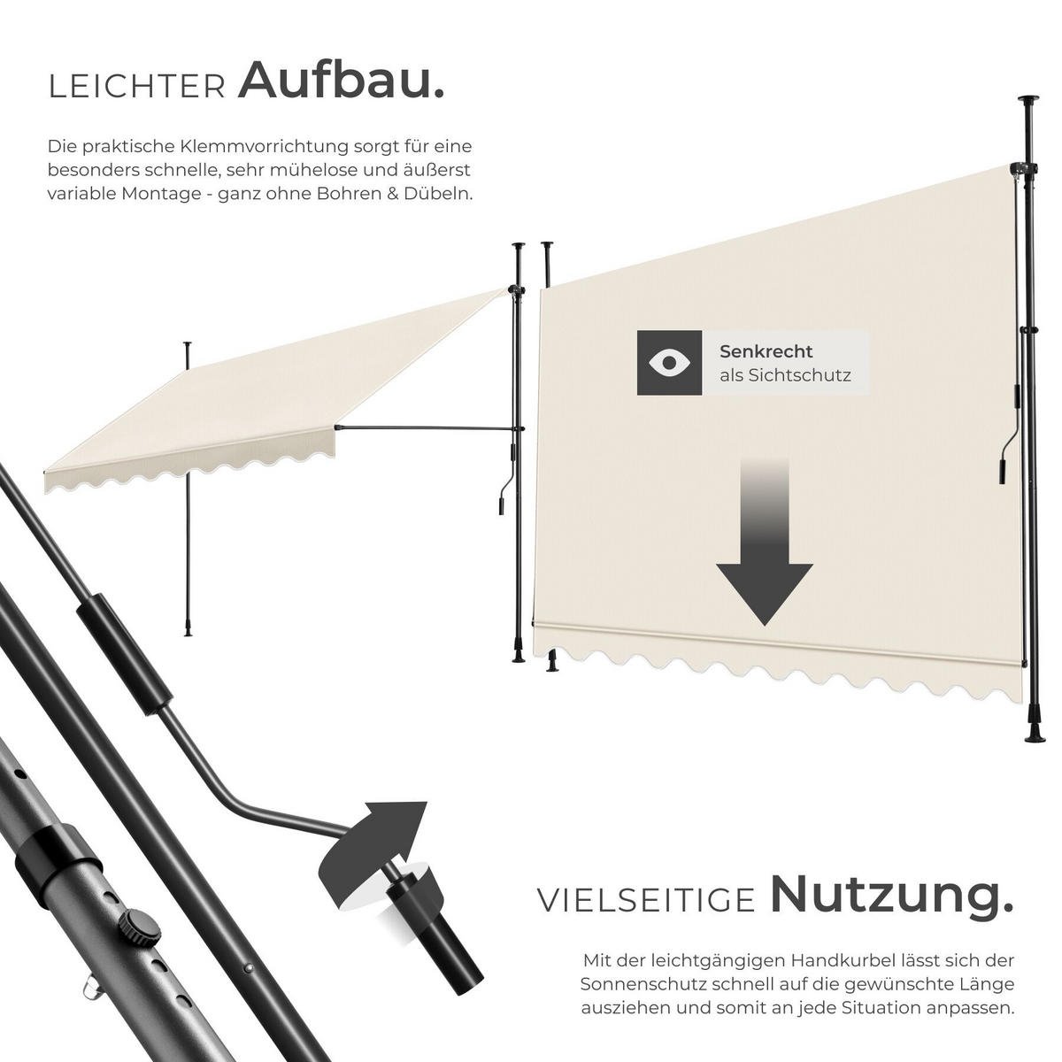 KLEMMMARKISE MIT HANDKURBEL , wasserabweisend, beige - Beige, Textil (350/304/180cm) - tectake