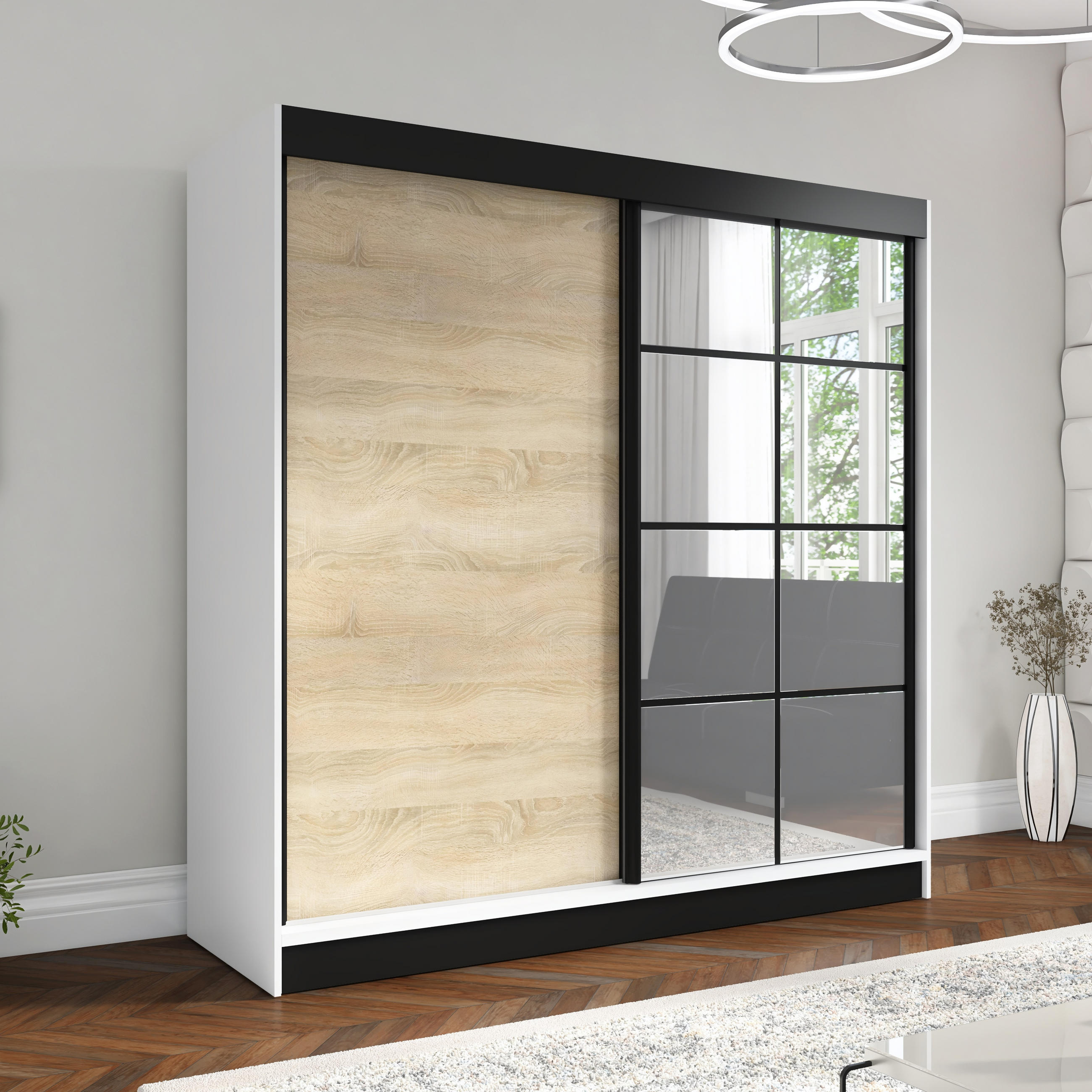 SCHWEBETÜRENSCHRANK 200 CM TAVIRO Farbe: Weiß / Sonoma - Weiß/Braun, Holzwerkstoff (200/215/60cm) - A&J MöbelLand