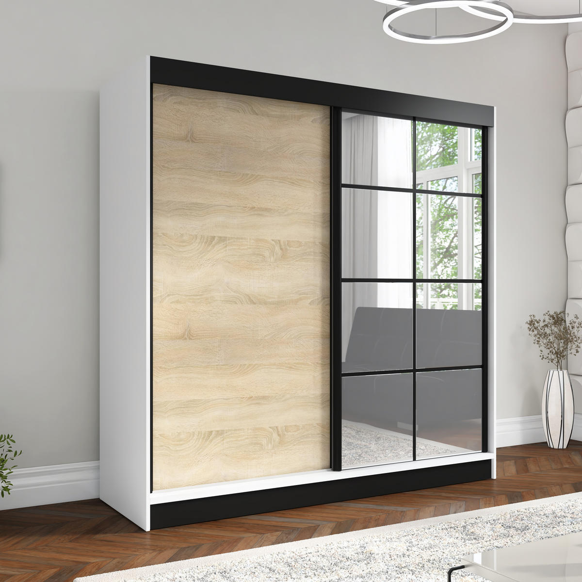 SCHWEBETÜRENSCHRANK 200 CM TAVIRO Farbe: Weiß / Sonoma - Weiß/Braun, Holzwerkstoff (200/215/60cm) - A&J MöbelLand