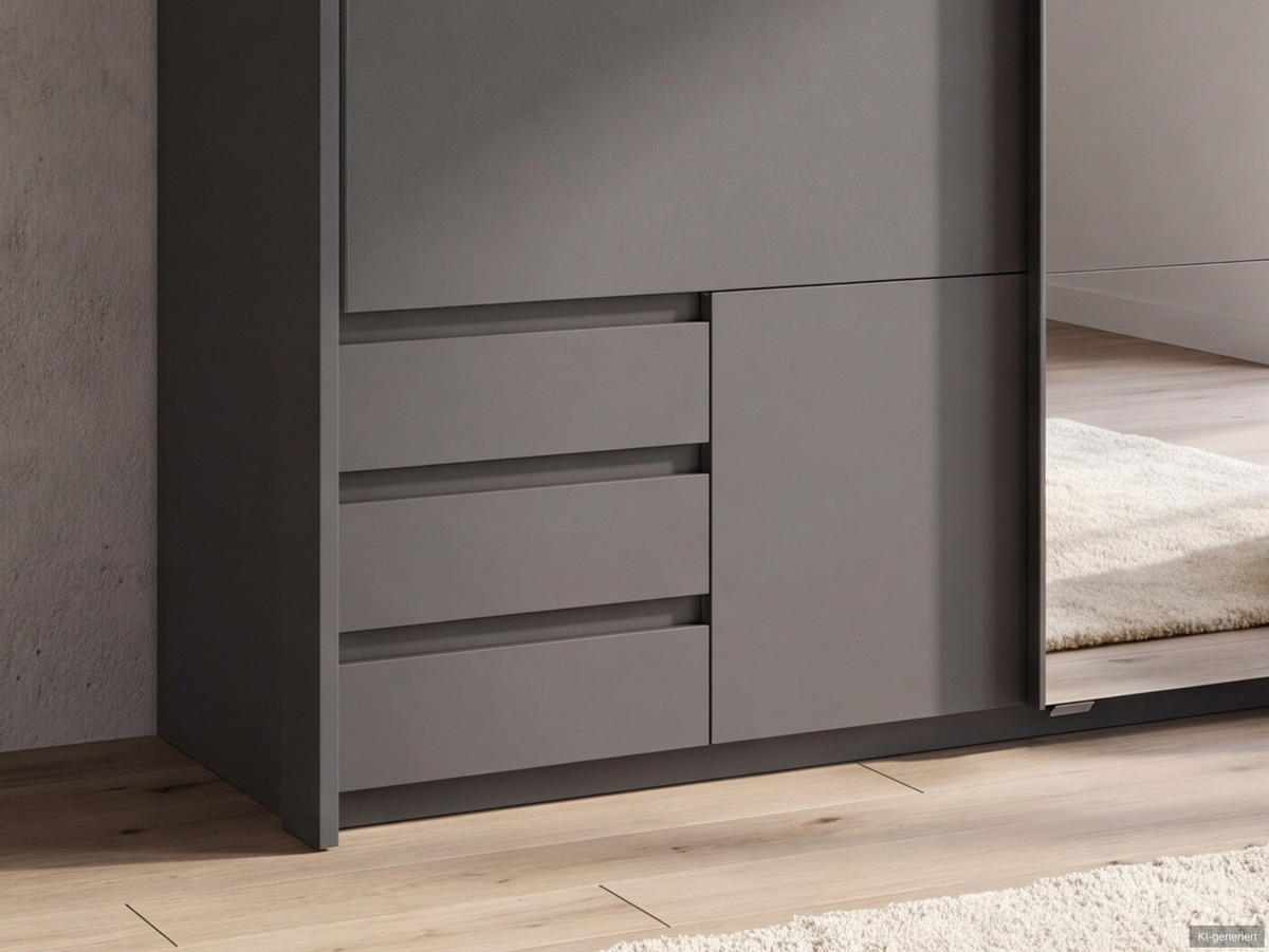 SCHWEBETÜRENSCHRANK 2-türig B183/H200/T65 cm, Passepartout-Kleiderschrank in Grafit mit sichtbaren Schubkästen & Spiegel / 22714 - Schwarz/Graphitfarben, Holz/Holzwerkstoff (183/200/65cm) - luma-home