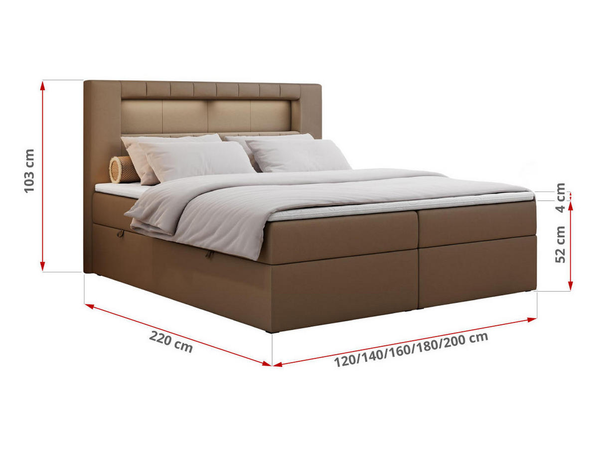 BOXBETT GOLD-5 LED 200/200 Braun Kunstleder - H3 - Braun, Holz/Textil (200/200cm) - MKS
