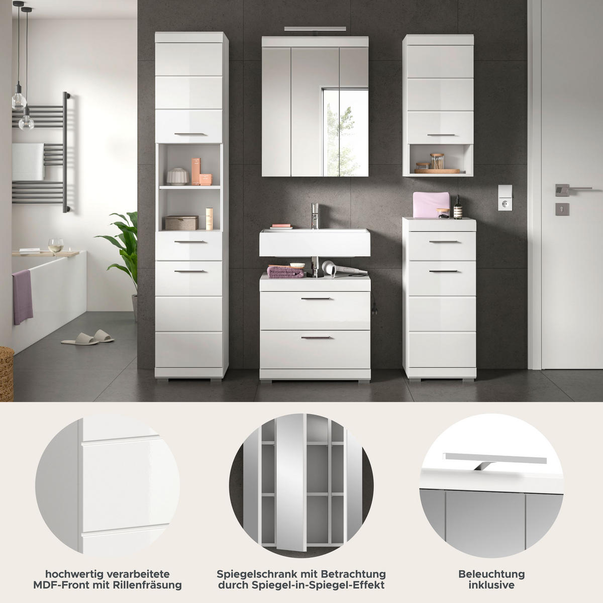 BADKOMBINATION 4tlg. Scout Bad in weiß Nachbildung und weiß hochglanz B/H/T: 164x191x34 cm - Weiß, Holz (164/191/34cm)