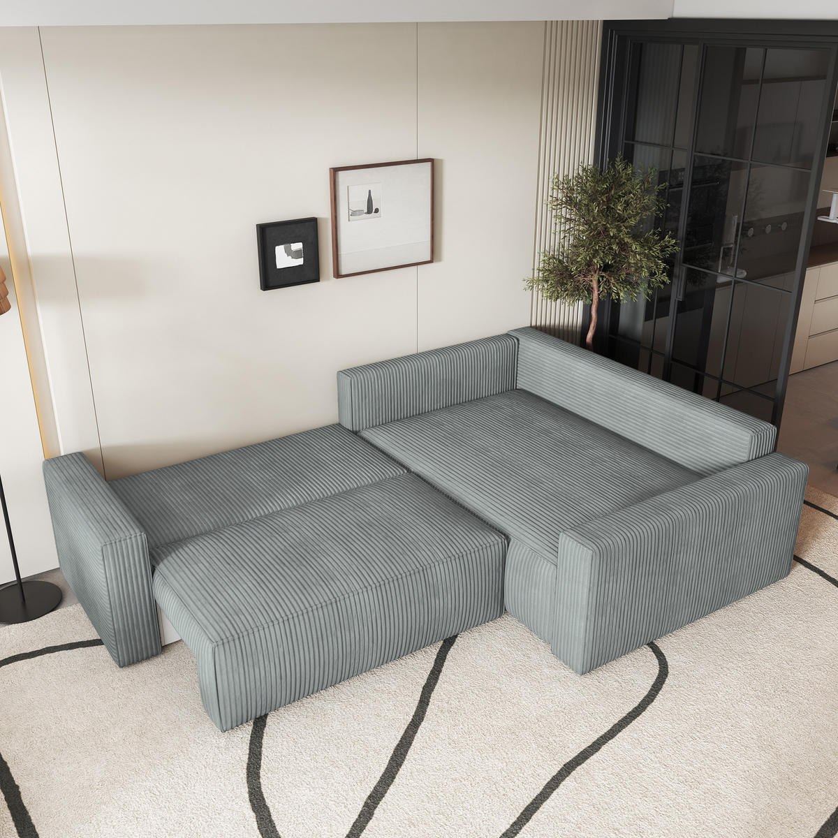 ECKSOFA ERONIS R-S Hellgrau Kordstoff mit Schlaffunktion - Hellgrau, Holz (265/194cm) - MASSENO