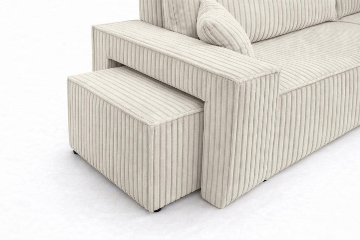 ECKSOFA Mit Schlaffunktion Und Pouf, Cordstoff Tilia, Ecru, Rechts, Best L Mit Pouf - Ecru, Holz (244/145cm) - Kaiser Möbel