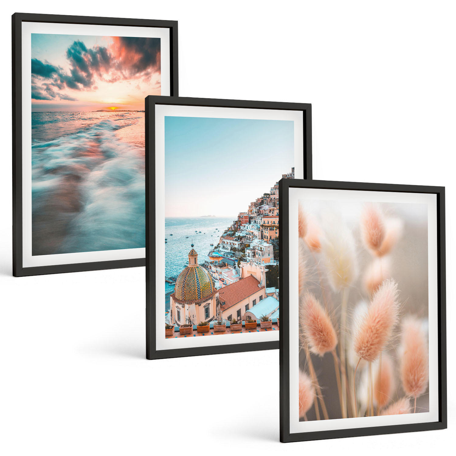 BILDER SET 3er Set - 40x60 cm Schwarzer Rahmen - Sonnenuntergang am Meer, Häuser, Blumen - Schwarz, Kunststoff (40/60cm) - TULUP