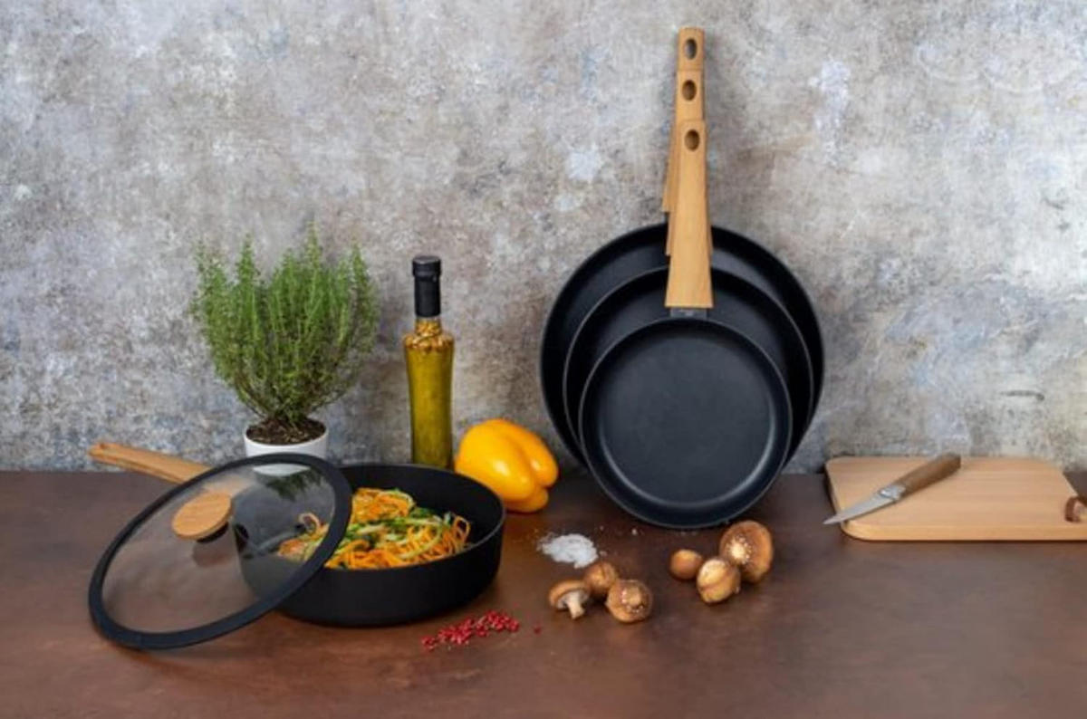 PFANNEN-SET Terra Schwarz Holzig 3-Teilig - Schwarz, Glas/Holz - Sabatier