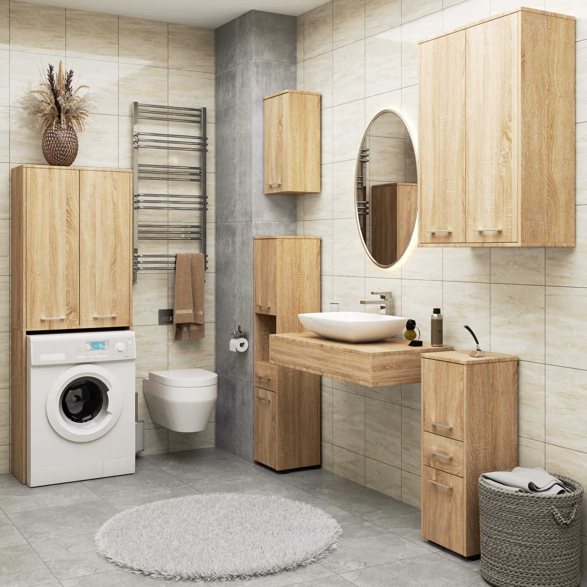 WASCHMASCHINENSCHRANK FIN Sonoma-Eiche 30x64x180 cm - Silberfarben/Sonoma Eiche, Holzwerkstoff/Kunststoff (64/180/30cm) - Akord