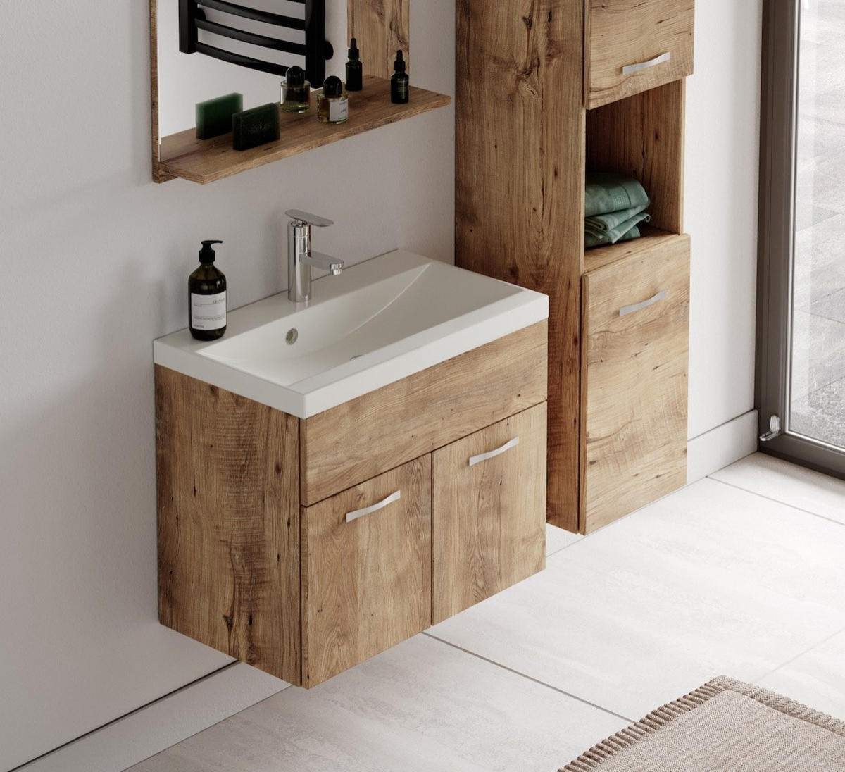 BADMÖBEL-SET Montreal 4 Teile Kastanien Eiche - 60 x 35 x 51 cm - Chromfarben/Nussbaumfarben, Holz/Metall (60/51/35cm) - Badplaats