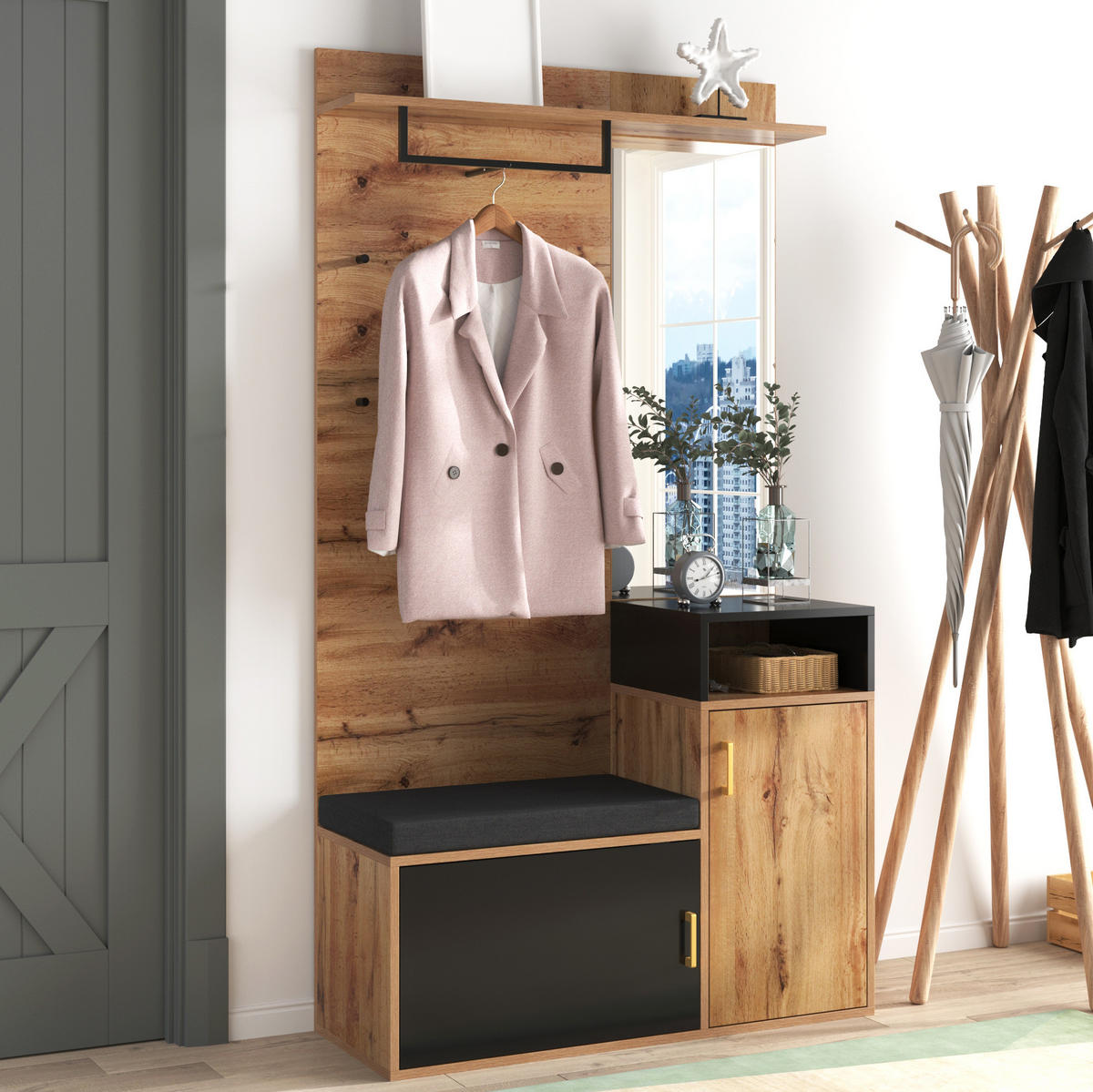 GARDEROBEN-SET mit Spiegel und Schuhschrank 105 x 40 x 191,5 cm Schwarz - Schwarz, Holzwerkstoff (38.5/190/104cm) - Beauniv