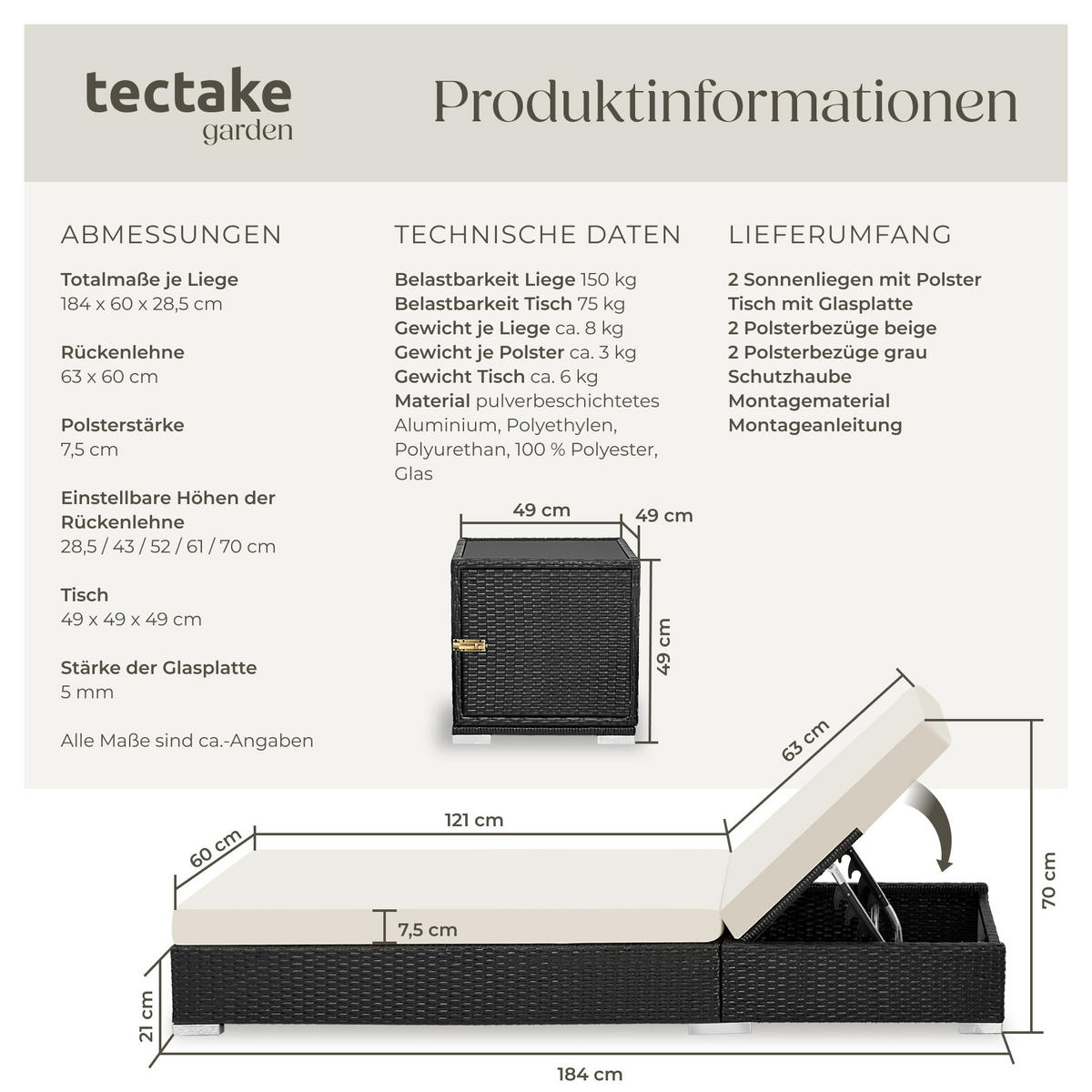 RATTAN-SONNENLIEGEN 2er Set, wetterfest und UV-beständig, schwarz - Schwarz, Kunststoff (60/21/184cm) - tectake