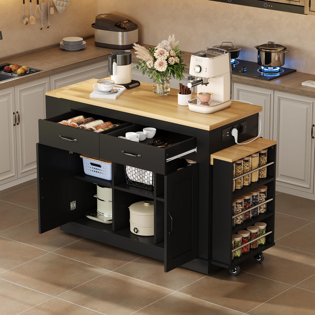 KÜCHENINSEL 142/55/93 cm schwarz aus MDF mit Ausziehplatten - Schwarz, Holzwerkstoff (142/93/55cm) - OKWISH