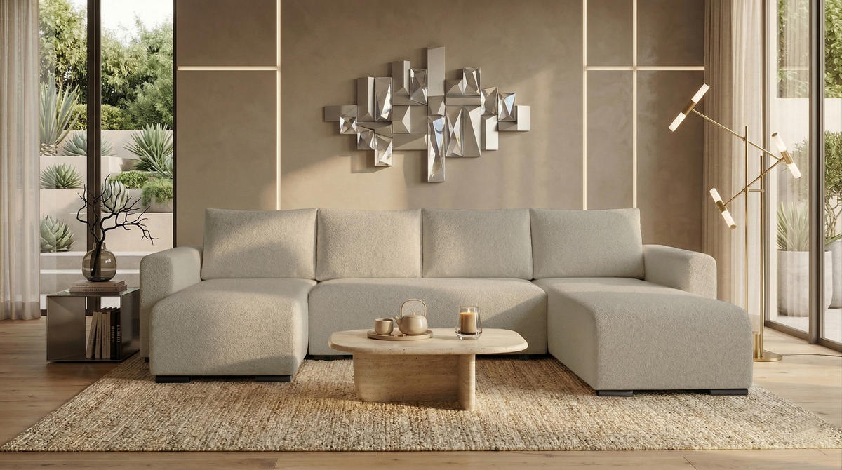 WOHNLANDSCHAFT DORA U mit Bettkasten und Schlaffunktion, U-Form, bequem - Hellbraun, Textil (305/85/140cm) - Storez24