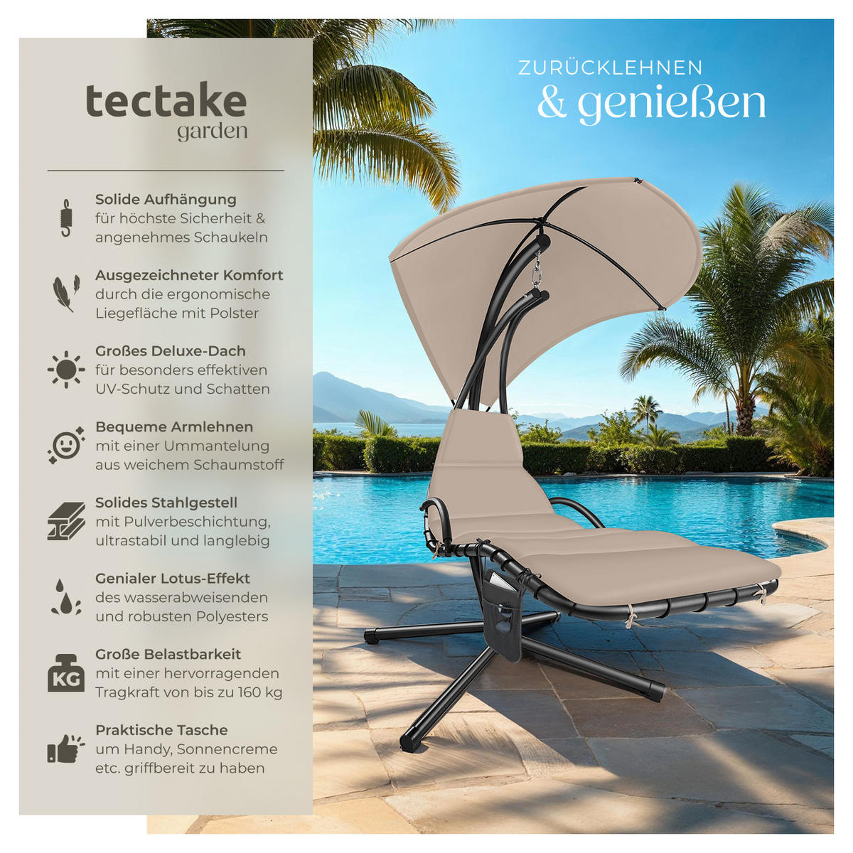 HÄNGELIEGE Elaria,195 x 132 x 197 cm, mit Seitentasche,beige - Beige, Textil (132/197/195cm) - tectake