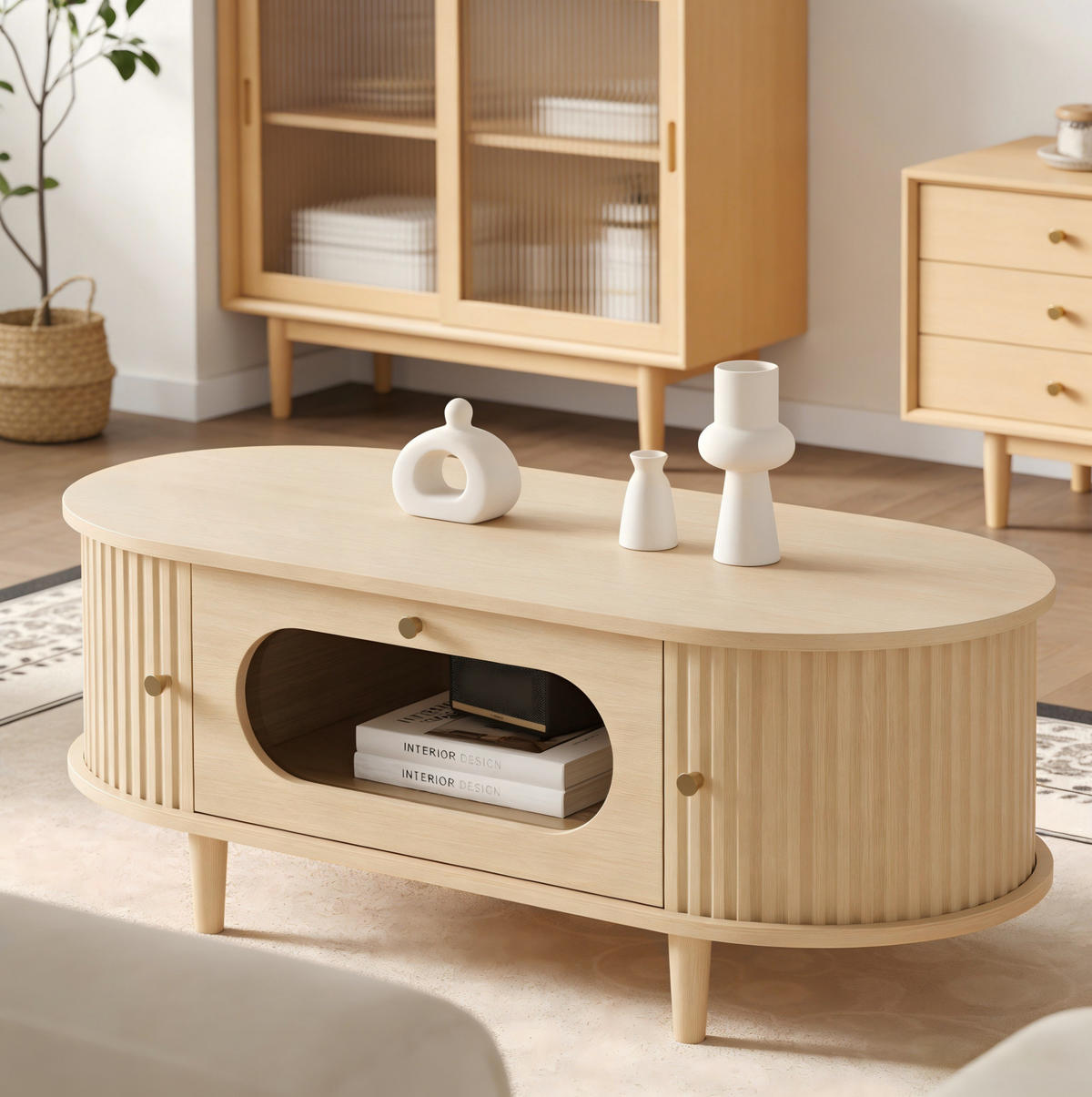 COUCHTISCH mit Schublade und Rolltüren 100 x 50 x 36 cm MDF Holzfarbe - Braun, Holz (100/50/36cm) - Meubliv
