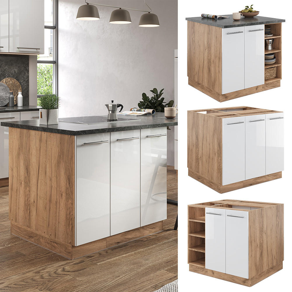 KÜCHENINSEL Fame-Line Weiß Hochglanz/Goldkraft Eiche 90 cm ohne AP - Weiß Hochglanz/Eiche Wotan, Holzwerkstoff (90/82/60cm) - Vicco