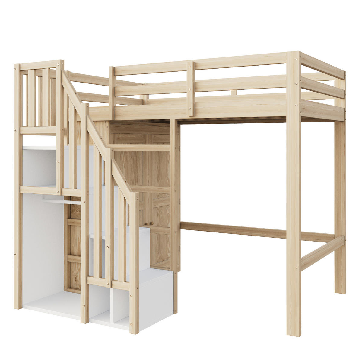 HOCHBETT 90/200 cm in Naturfarbe mit Kleiderschrank und Stauraumtreppe - Naturfarben, Holzwerkstoff (90/200cm) - Flora Grace