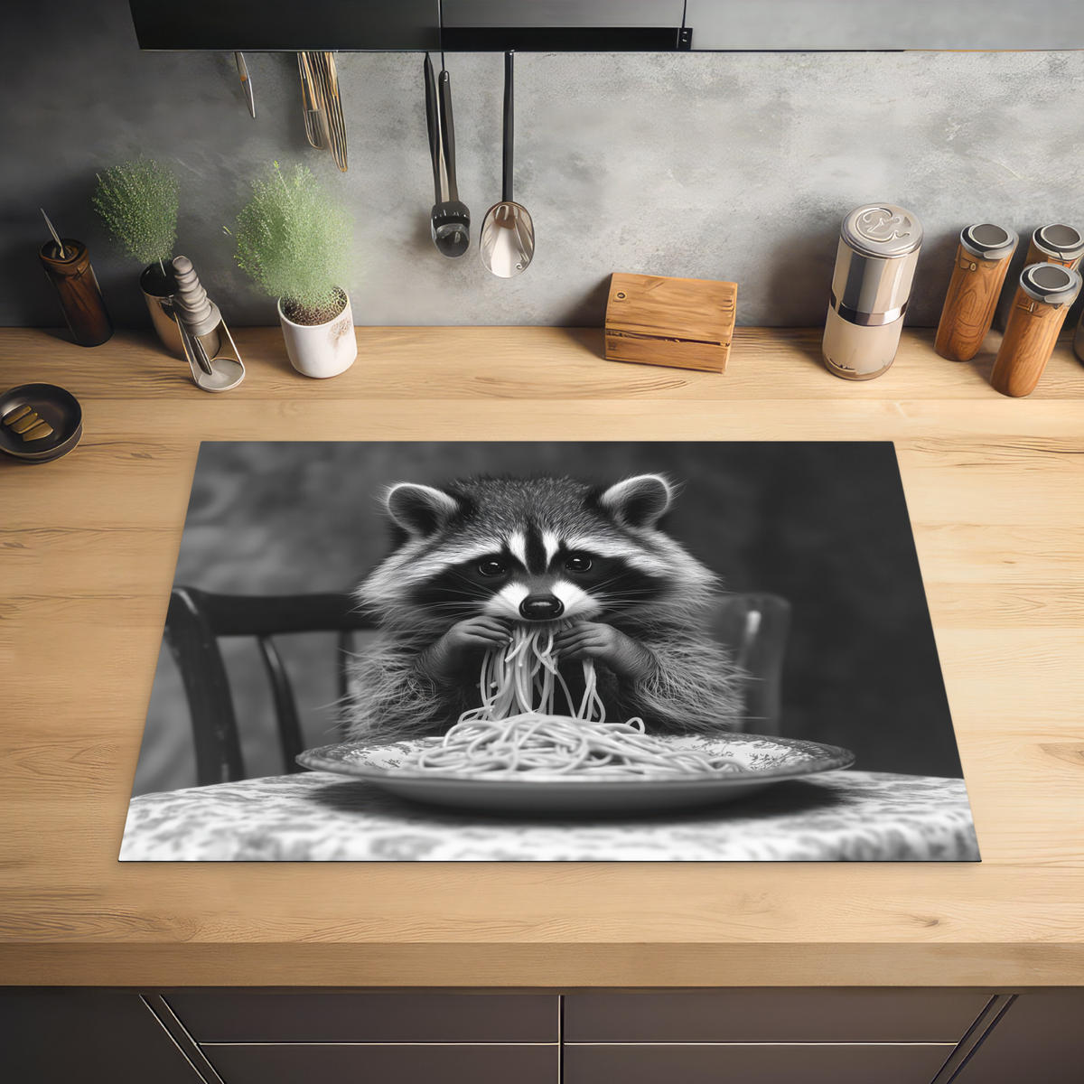 HERDABDECKPLATTE Waschbär - Niedlich - Pasta - Tischtuch - Schwarz - Weiß Herdabdeckung Induktionsfeld 75x52 cm - Grau, Kunststoff (75/52/0.2cm) - MuchoWow