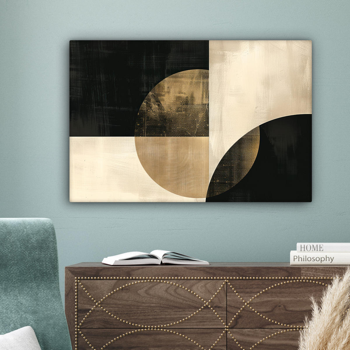 LEINWANDBILD Abstrakt - Geometrische Formen - Schwarz - Gold Wanddeko 90x60 cm - Ecru, Textil (90/60cm) - MuchoWow