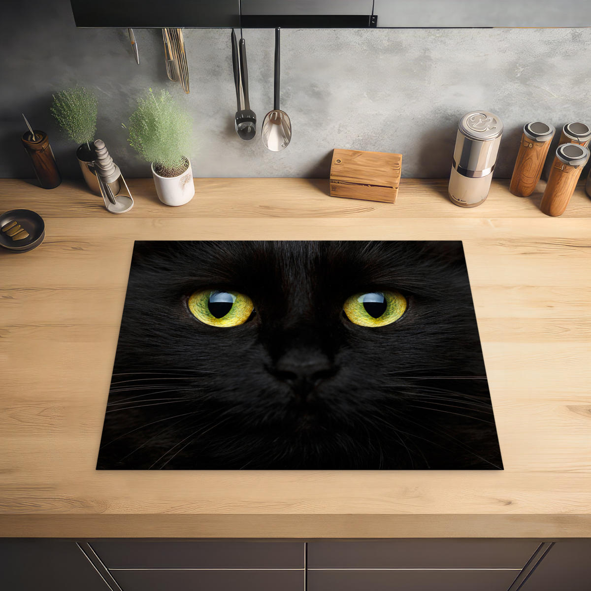 HERDABDECKPLATTE Katze - Augen - Gelb - Schwarz Herdabdeckung Induktionsfeld 65x52 cm - Schwarz, Kunststoff (65/52/0.2cm) - MuchoWow