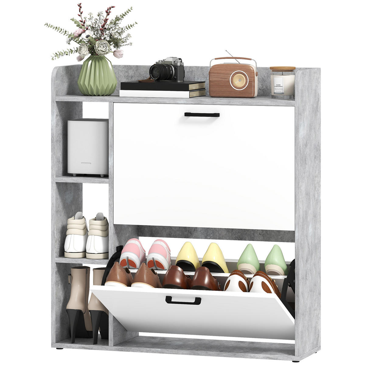 SCHUHSCHRANK Weiß und Grau Spanplatte mit Klappfächern platzsparend 1 Stück - Grau, Holzwerkstoff (83/90.5/24cm) - PANGIVO