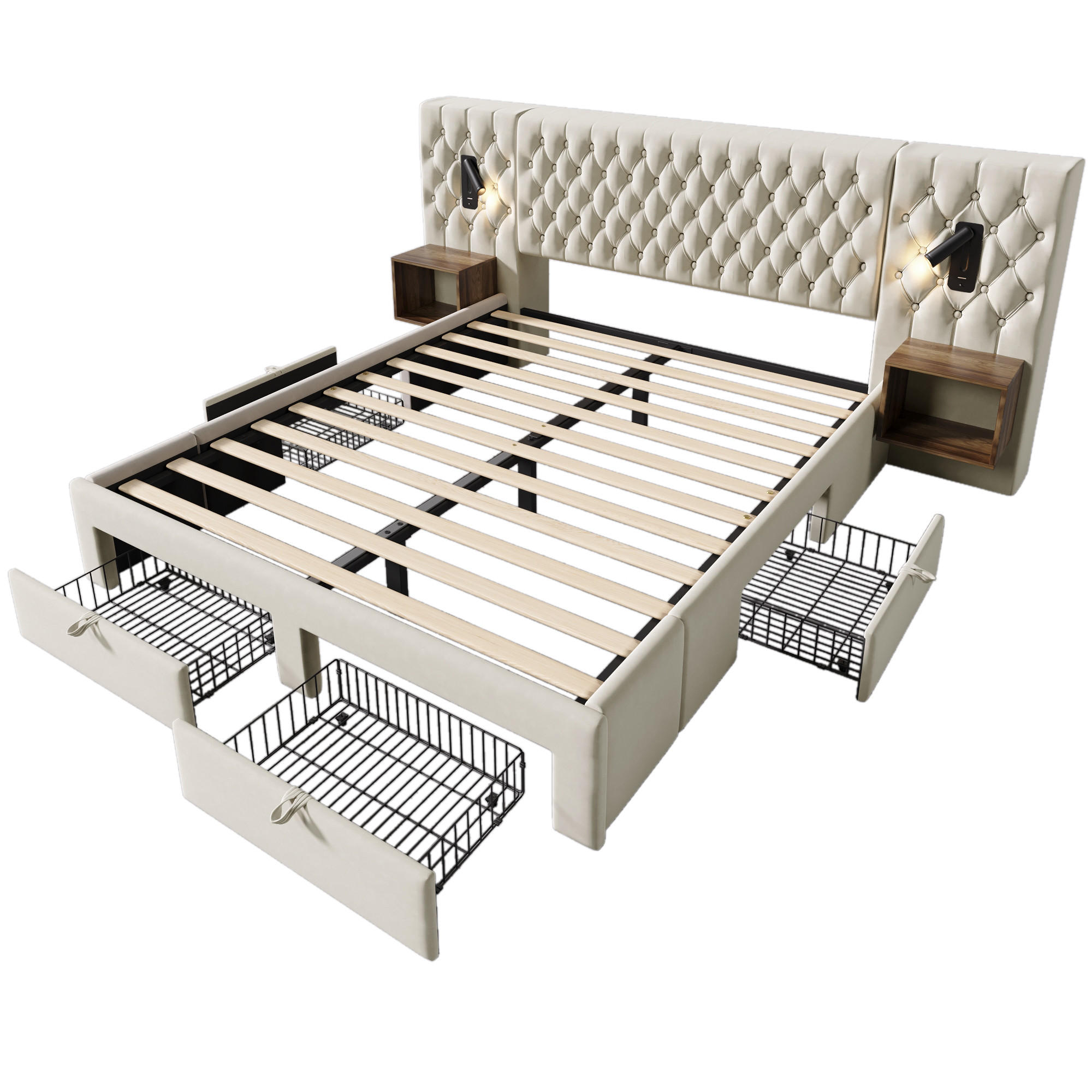 POLSTERBETT 180/200 cm DE-00759, in Beige, 2 Nachttischen und 4 Schubladen - Beige, Metall (180/200cm) - ComfortXL