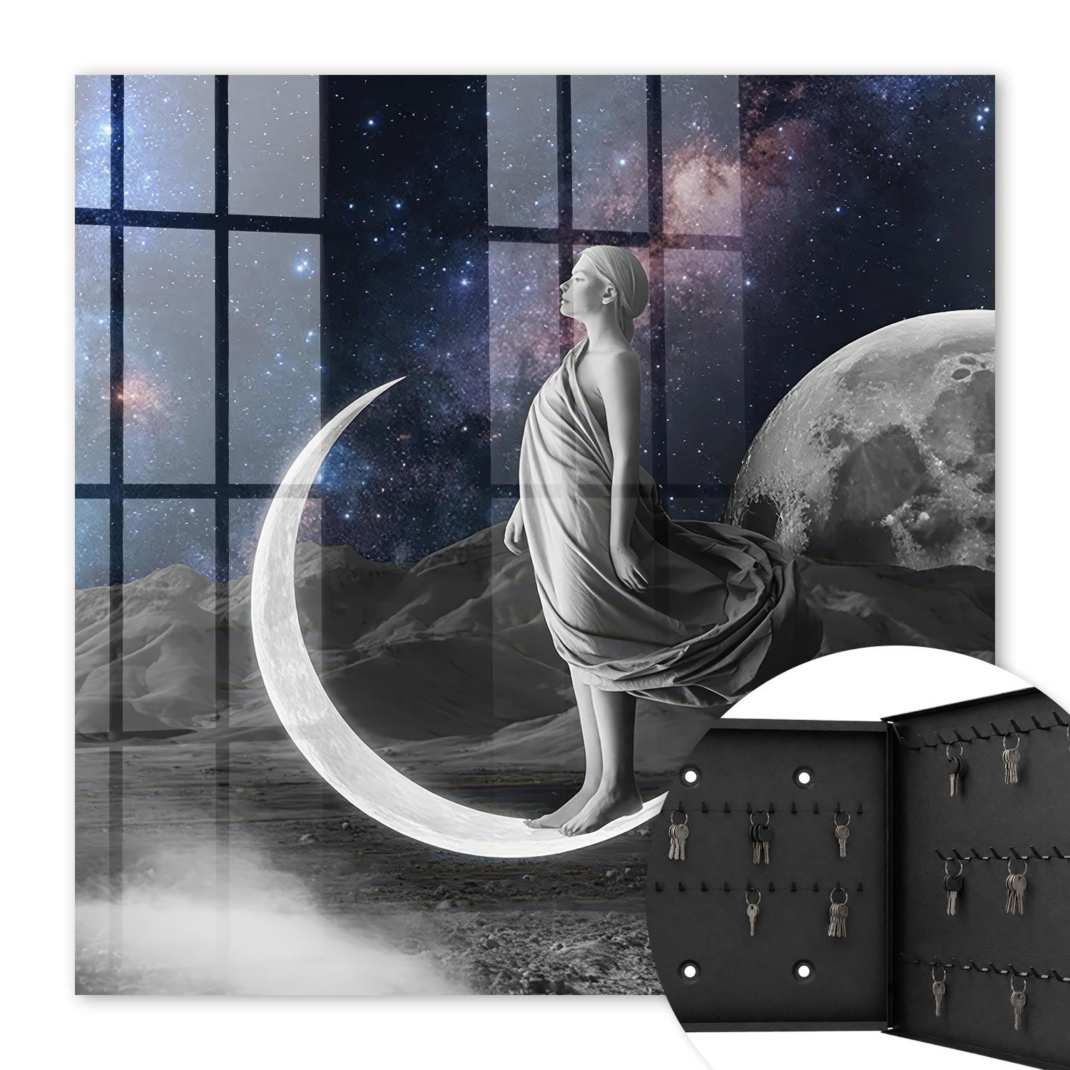 SCHLÜSSELBOX Schwarz 30x30 cm- Türöffnung nach rechts - Weltraumfantasie - Dunkelblau, Metall (30/30/5cm) - TULUP