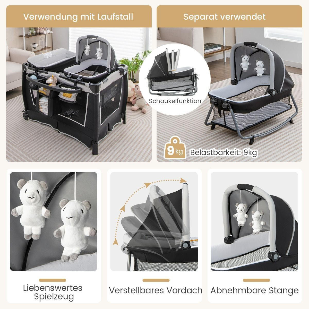 REISEBETT mit Matratze grau - Grau, Textil - COSTWAY