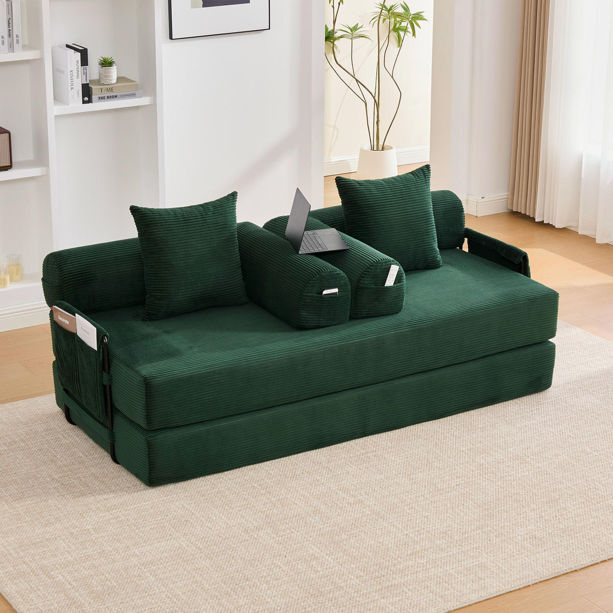 SCHLAFSOFA 200/94/67 cm Smaragd mit Seitentaschen plus und 3 Kissen - Smaragdgrün, Textil (200/67/94cm) - Oxeza