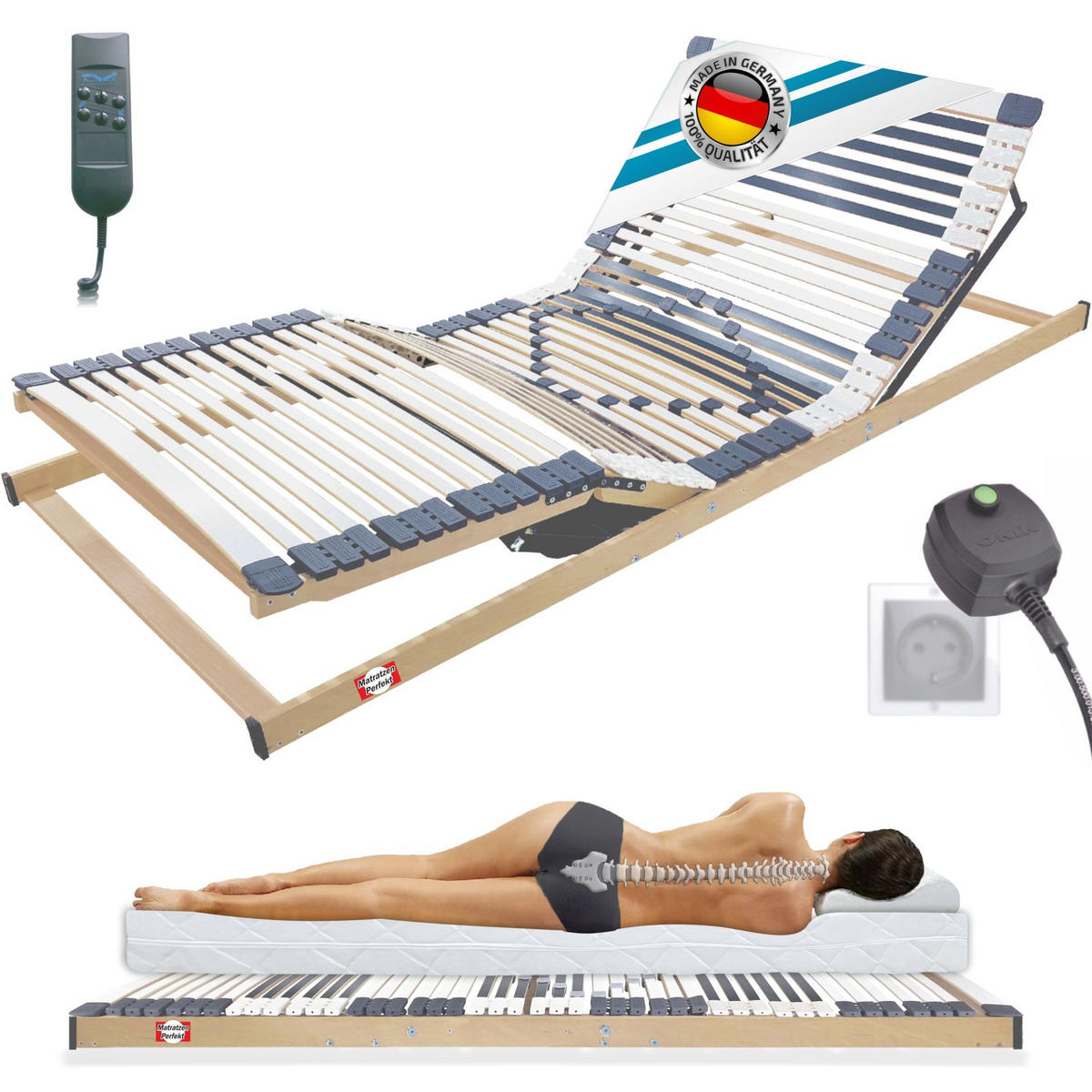 ELEKTRISCHER Lattenrost 44 Leisten 140x200cm 8,5 cm Hoch 7-Zonen bis 300 kg - Weiß/Naturfarben, Holz (140/200cm) - Matratzen Perfekt