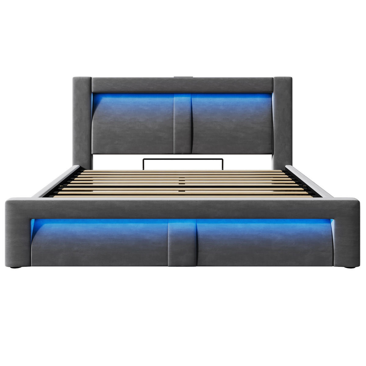 POLSTERBETT 140/200 cm mit Bettkasten, Matratze, LED-Beleuchtung, USB- und Type-C-Anschluss, Samtbezug, Grau - Grau, Textil (140/200cm) - Redom