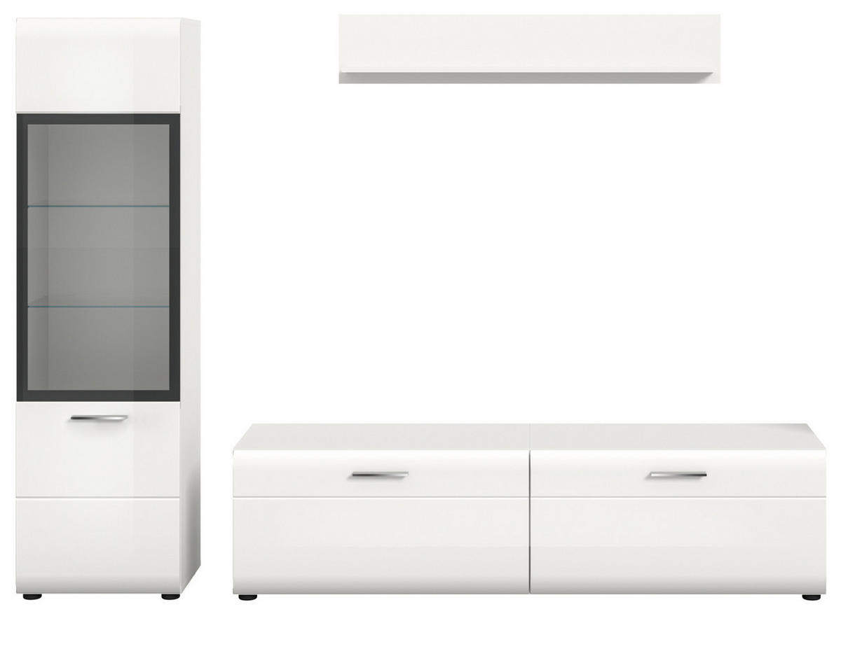 WOHNWAND weiß Hochglanz 3-teilig 220 cm, Schrankwand mit viel Stauraum - Weiß Hochglanz/Silberfarben, Glas/Holzwerkstoff (220/160/41cm) - Inn.Furn