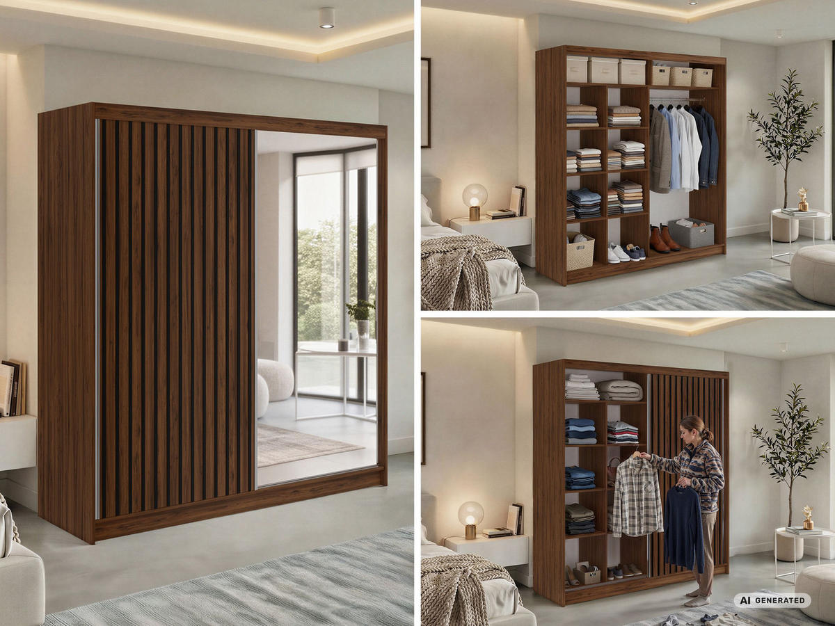 SCHWEBETÜRENSCHRANK mit Spiegel LAOS - 200 - Warmia Walnuss - Schwarz Lamellen - Walnussfarben/Alufarben, Holzwerkstoff/Metall (200/216/61cm) - MKS