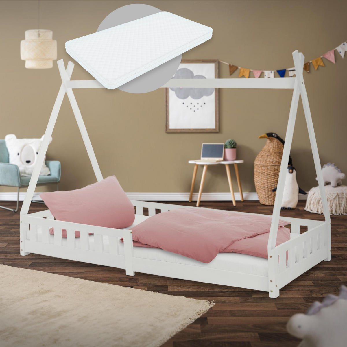KINDERBETT Tipi mit Matratze 90x200 cm Weiß - Weiß, Holz (90/200cm) - ML-DESIGN