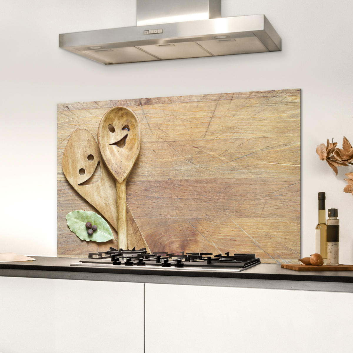 SPRITZSCHUTZ KÜCHE Holz - Löffel - Braun - Smiley 90x60 cm - Hellbraun, Metall (90/0.3/60cm) - MuchoWow