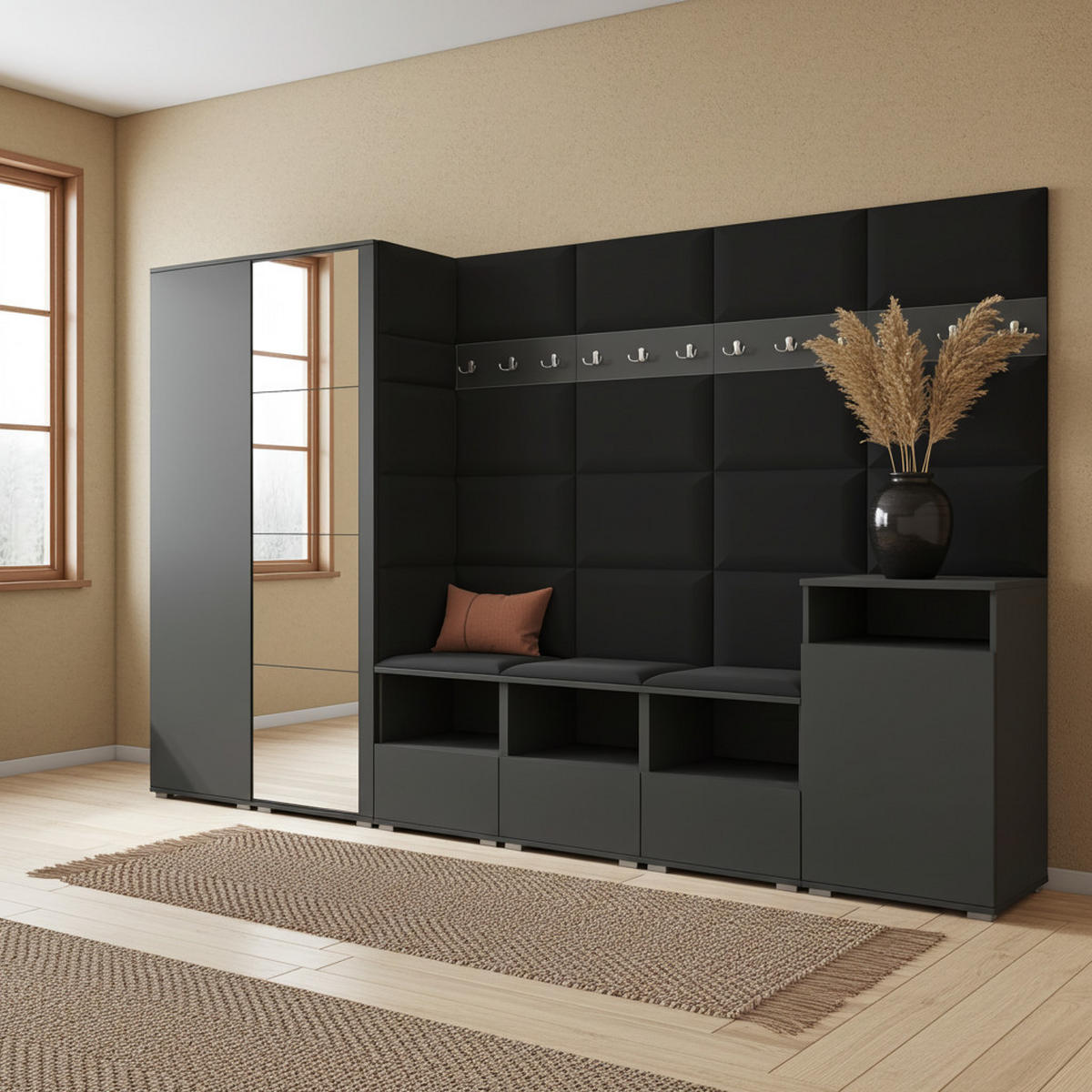 GARDEROBE NELA XII 300 cm (Modulare Flurmöbel Graphit mit Spiegel & Sitzpolster Schwarz 16 Gigantisches Set) - Silberfarben/Schwarz, Holz/Holzwerkstoff (300/187/40cm) - Ravio