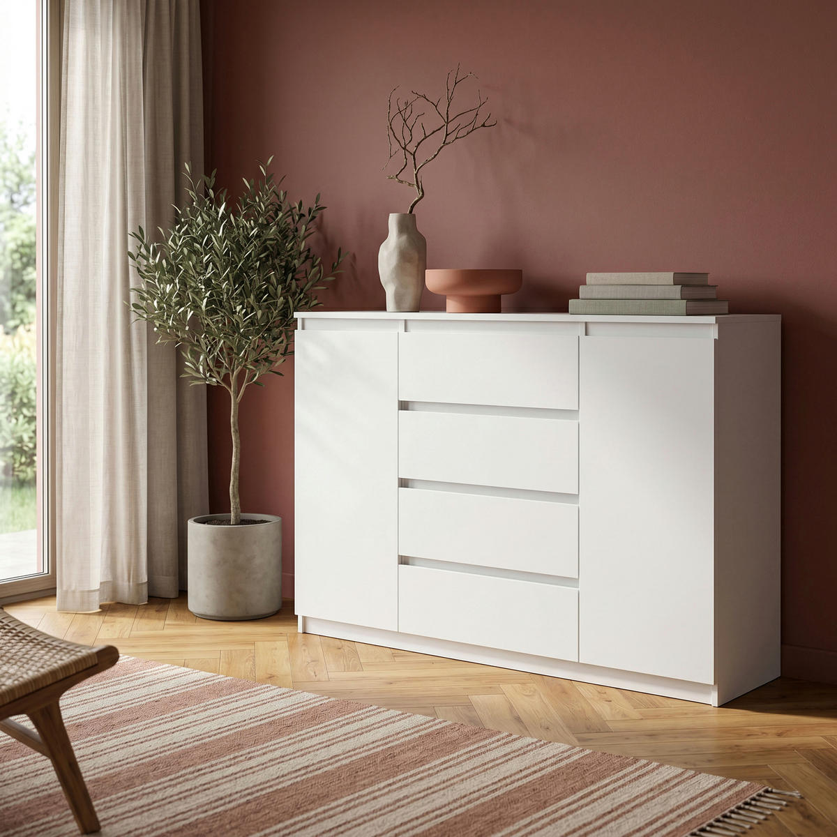 KOMMODE NUDO 120/101,5/39cm mit 4 Schubladen 2 Türen Weiß - Weiß, Holzwerkstoff (120/101.5/39cm) - MASSENO