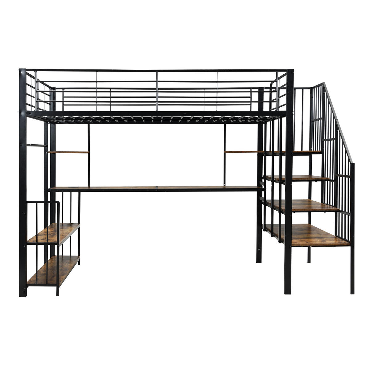 HOCHBETT 120/200 cm in Schwarz & Dunkelbraun mit Ladeanschluss, Kleiderstange und Ablage Metall & Holz - Schwarz, Holzwerkstoff/Metall (120/200cm) - CHICFURN