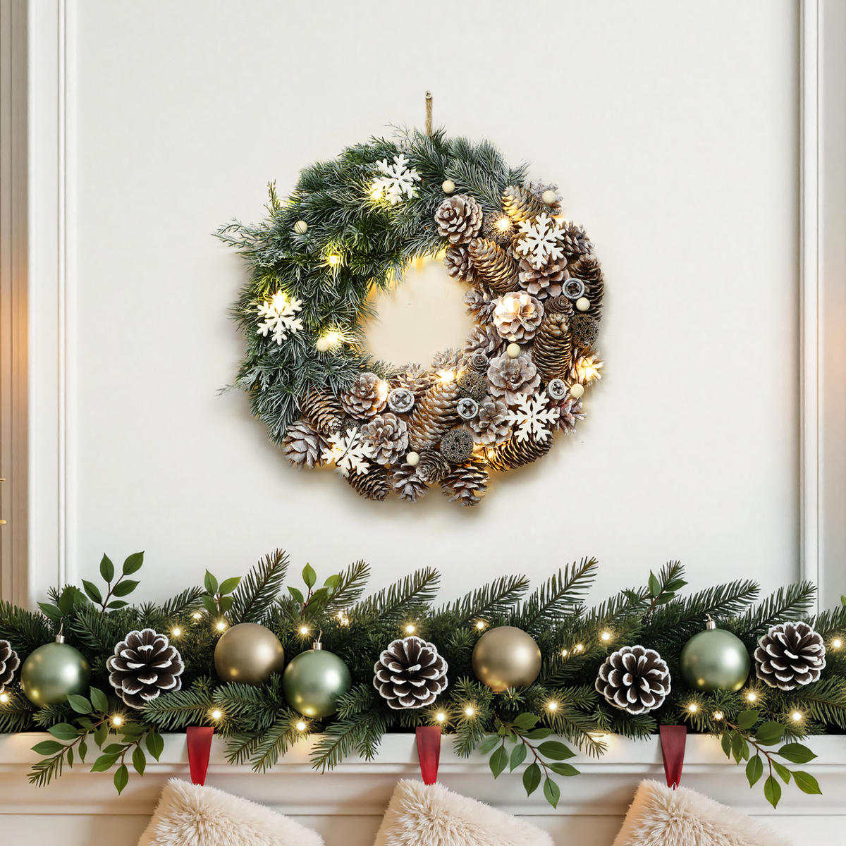 WEIHNACHTSKRANZ mit LED Beleuchtung & Timer - Dunkelgrün, Naturmaterialien (35cm) - Hometopia