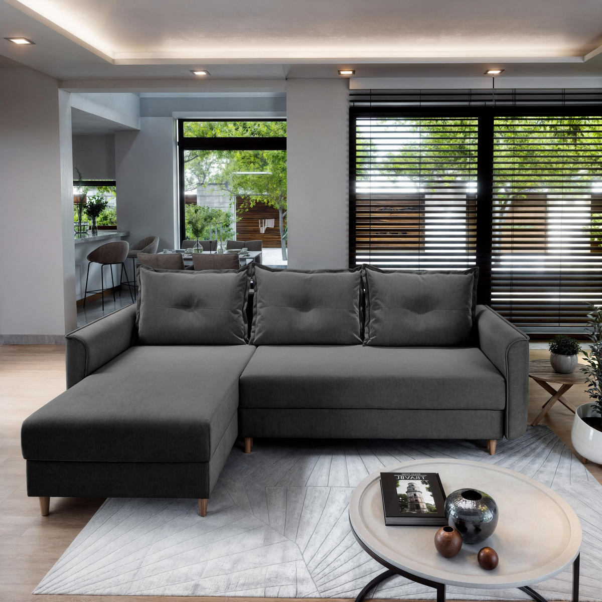 ECKSOFA PISAN R-S Grau Plüsch-Stoff mit Schlaffunktion - Grau, Holz (220/140cm) - MASSENO