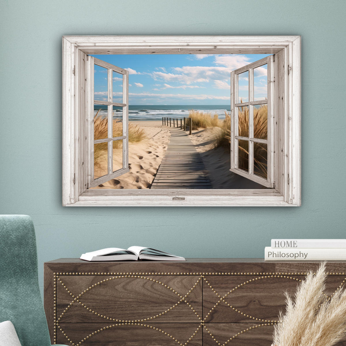 LEINWANDBILD Fenster - Meer - Küste - Natur - Ausblick - Strand - Wattenmeer Wandbilder 80x60 cm - Beige, Textil (80/60cm) - MuchoWow