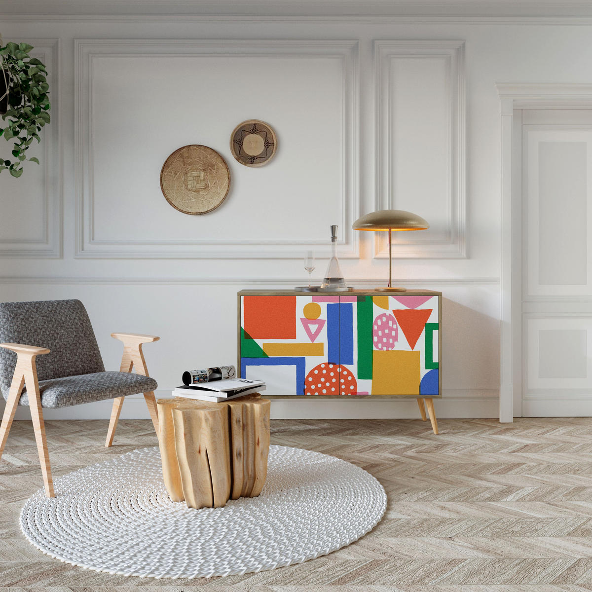 SIDEBOARD GEOMETRIC GLIMMER, Eicheneffekt, 111x42x77,5 cm, 2 Türen - Eichefarben/Buchefarben, Holzwerkstoff/Buchenholz (111/77.5/42cm) - SpaceRebels