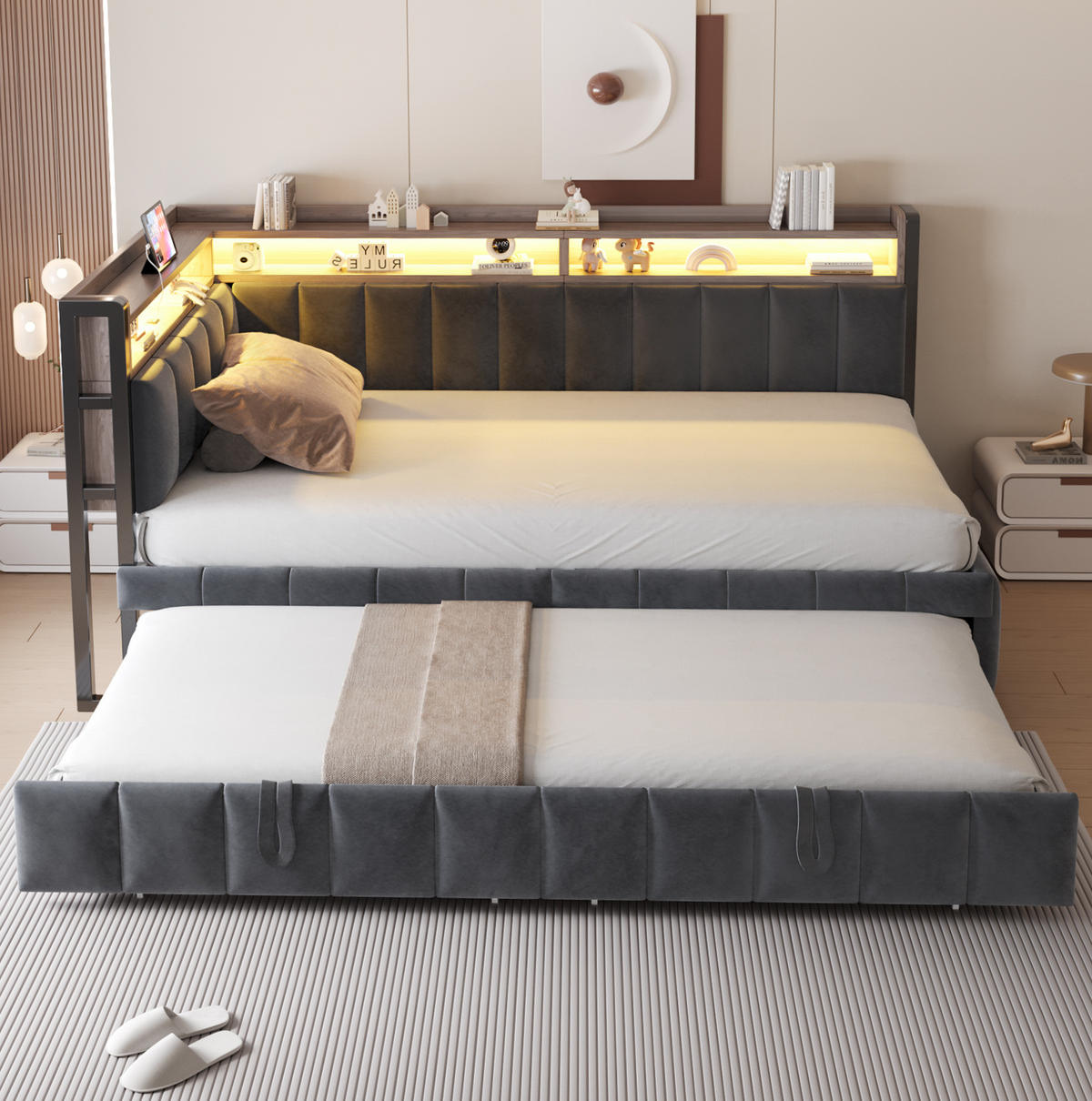 POLSTERBETT Schlafsofa aus Samt 90x200 cm Grau mit Ausziehbett, LED-Beleuchtung, USB- und Typ-C-Anschlüssen - Grau, Textil (90/200cm) - Modfu