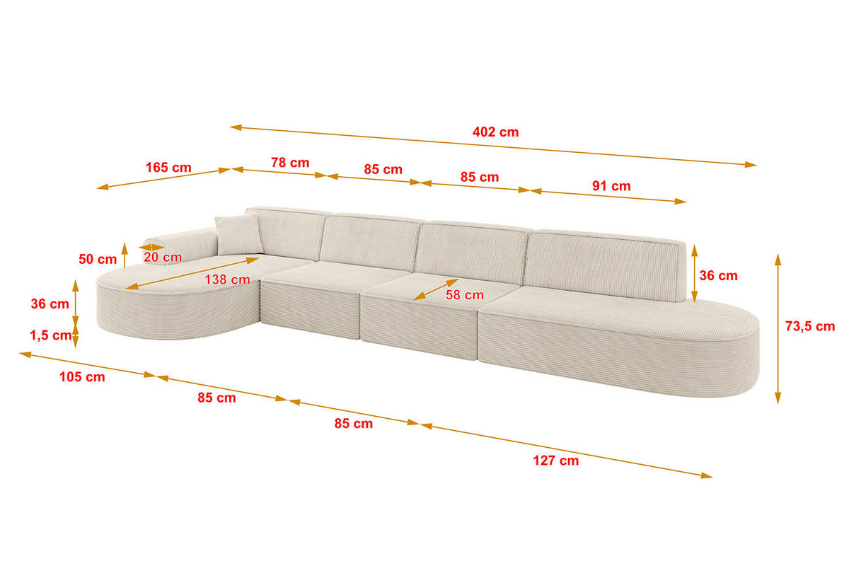 ECKSOFA Ottomane Links MARI-L3 - 402x163x73,5 cm Beige Cord - Beige/Schwarz, Holzwerkstoff/Kunststoff (165/406cm) - ALTDECOR