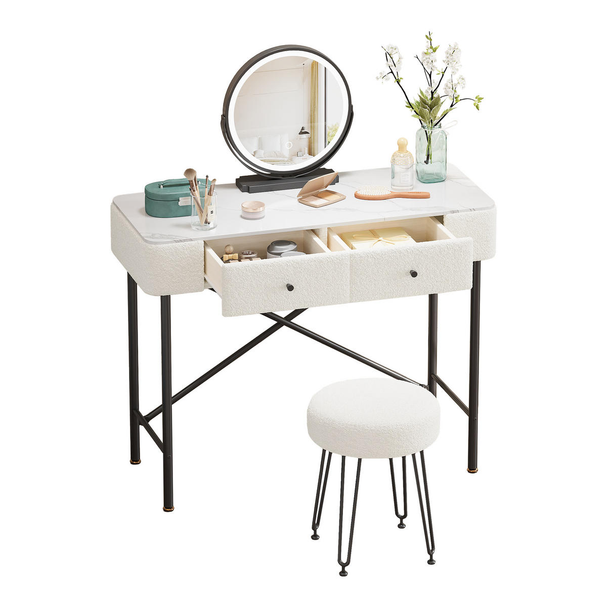 SCHMINKTISCH SCHWARZ/WEISS mit LED-Spiegel Marmoroptik und Hocker 100x40x120 cm - Weiß, Holzwerkstoff (40/120/100cm) - Bomclap